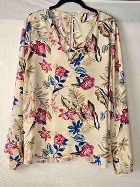 LUSH Women’s Tan Floral Blouse with V-Neck Long Sleeve Crisscross Straps Size XL